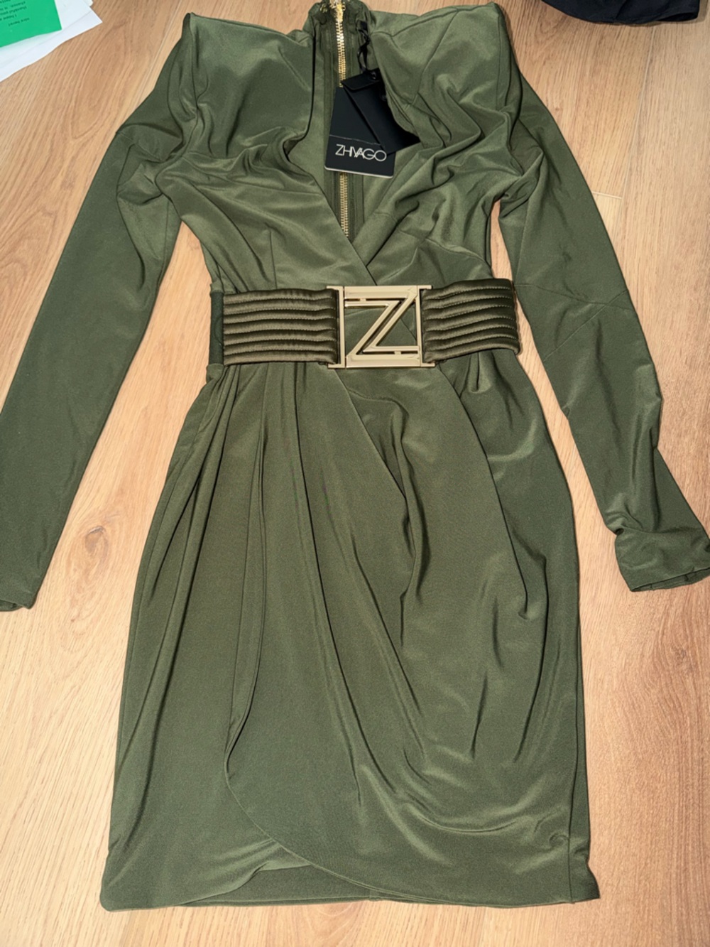 ZHAGO Olive Green Draped Belted Dress